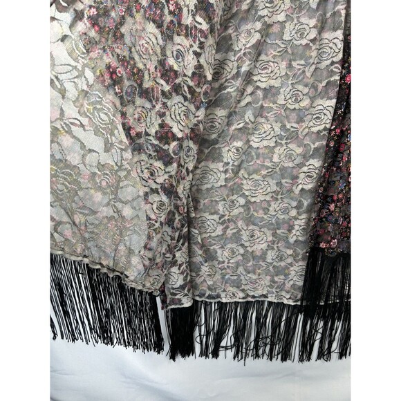 Janice Kimono Jacket Poncho One Size Black Boho Floral With Fringe - Picture 4 of 8